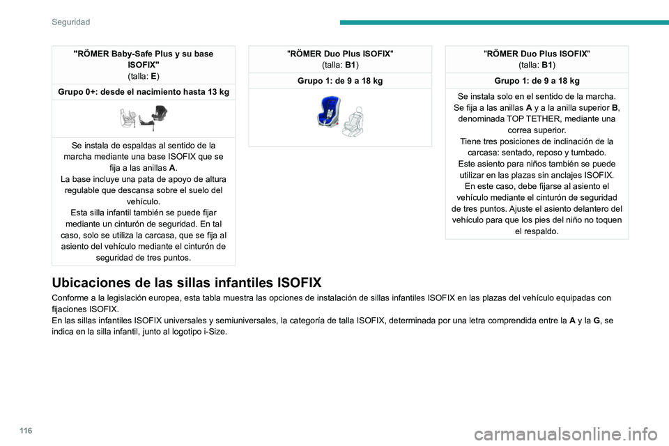 PEUGEOT 3008 2020  Manual del propietario (in Spanish) 11 6
Seguridad
"RÖMER Baby-Safe Plus y su base ISOFIX"(talla: E)
Grupo 0+: desde el nacimiento hasta 13 kg
 
 
Se instala de espaldas al sentido de la 
marcha mediante una base ISOFIX que se 