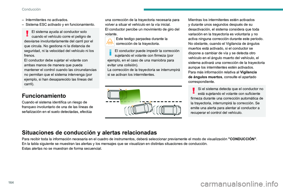 PEUGEOT 3008 2020  Manual del propietario (in Spanish) 164
Conducción
– Intermitentes no activados.
–  Sistema ESC activado y en funcionamiento.
El sistema ayuda al conductor solo 
cuando el vehículo corre el peligro de 
desviarse involuntariamente 