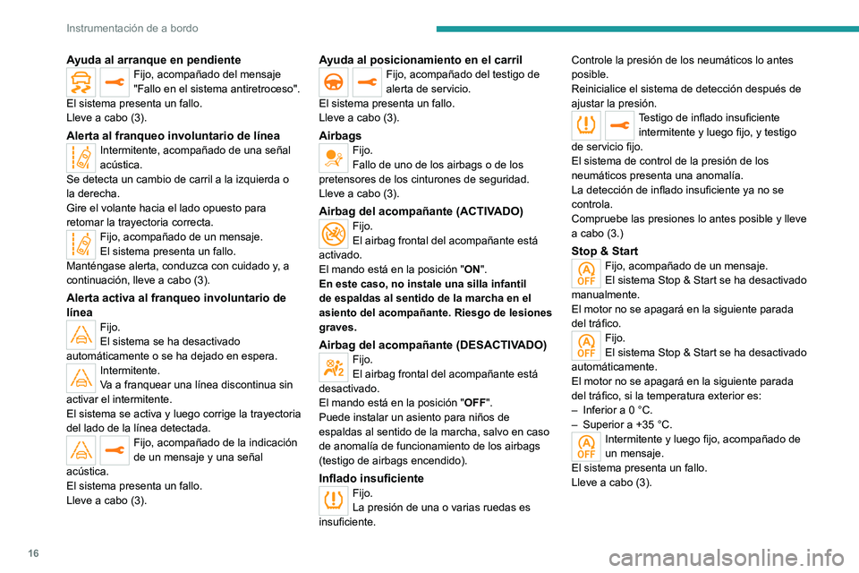 PEUGEOT 3008 2020  Manual del propietario (in Spanish) 16
Instrumentación de a bordo
Ayuda al arranque en pendienteFijo, acompañado del mensaje 
"Fallo en el sistema antiretroceso".
El sistema presenta un fallo.
Lleve a cabo (3).
Alerta al franq