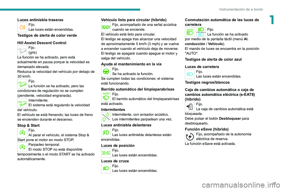 PEUGEOT 3008 2020  Manual del propietario (in Spanish) 17
Instrumentación de a bordo
1Luces antiniebla traserasFijo.
Las luces están encendidas.
Testigos de alerta de color verde
Hill Assist Descent Control
Fijo.
(gris)
La función se ha activado, pero 