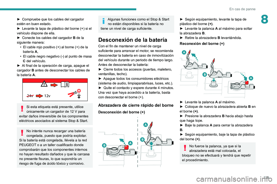 PEUGEOT 3008 2020  Manual del propietario (in Spanish) 229
En cas de panne
8► Compruebe que los cables del cargador 
estén en buen estado.
►
 
Levante la tapa de plástico del borne (+) si el 
vehículo dispone de ella.
►

 
Conecte los cables del 