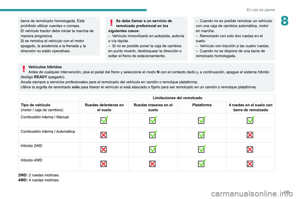 PEUGEOT 3008 2020  Manual del propietario (in Spanish) 233
En cas de panne
8barra de remolcado homologada. Está 
prohibido utilizar cuerdas o correas.
El vehículo tractor debe iniciar la marcha de 
manera progresiva.
Si se remolca el vehículo con el mo