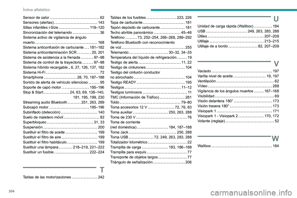 PEUGEOT 3008 2020  Manual del propietario (in Spanish) 304
Índice alfabético
Sensor de calor     62
Sensores (alertas)     
143
Sillas infantiles i-Size
    
119–120
Sincronización del telemando
    
36
Sistema activo de vigilancia de ángulo  
muert