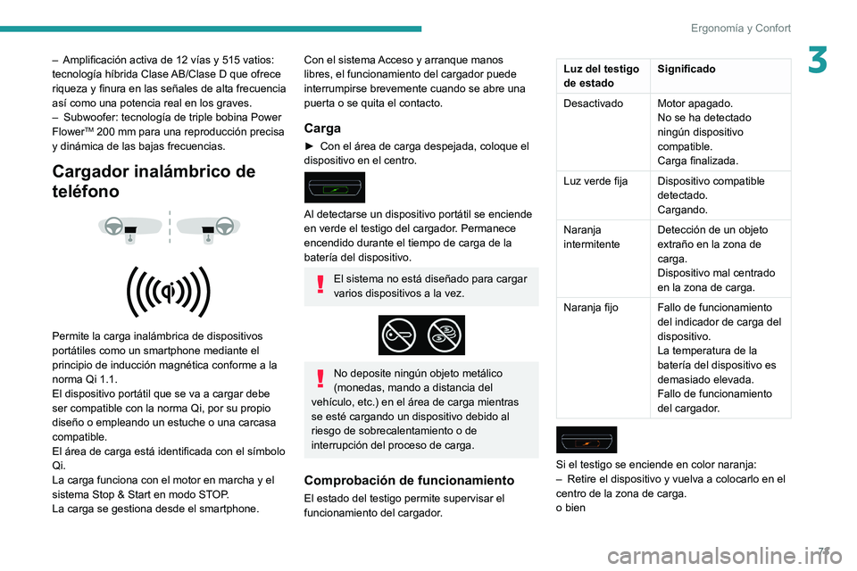 PEUGEOT 3008 2020  Manual del propietario (in Spanish) 73
Ergonomía y Confort
3– Amplificación activa de 12 vías y 515 vatios: 
tecnología híbrida Clase  AB/Clase D que ofrece 
riqueza y finura en las señales de alta frecuencia 
así como una pote