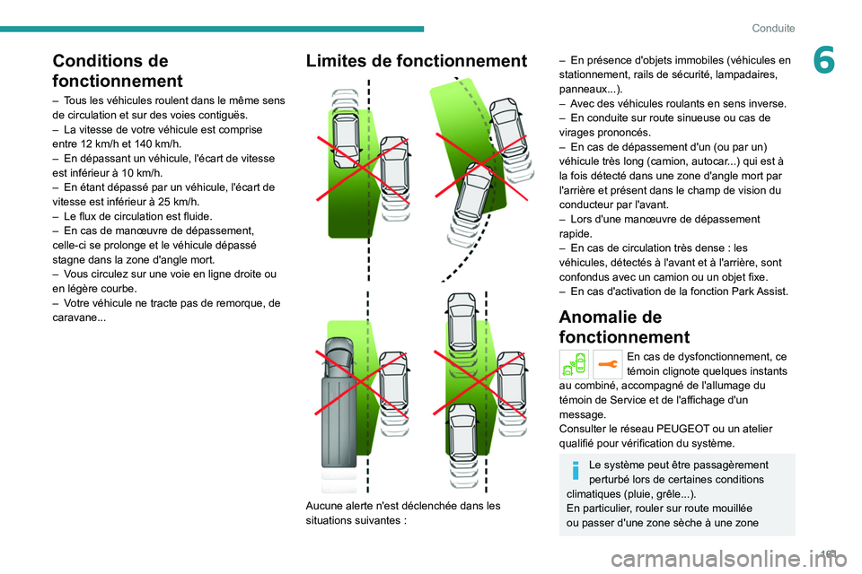 PEUGEOT 3008 2020  Manuel du propriétaire (in French) 161
Conduite
6Conditions de 
fonctionnement
– Tous les véhicules roulent dans le même sens 
de circulation et sur des voies contiguës.
– 
La vitesse de votre véhicule est comprise 
entre 12

 