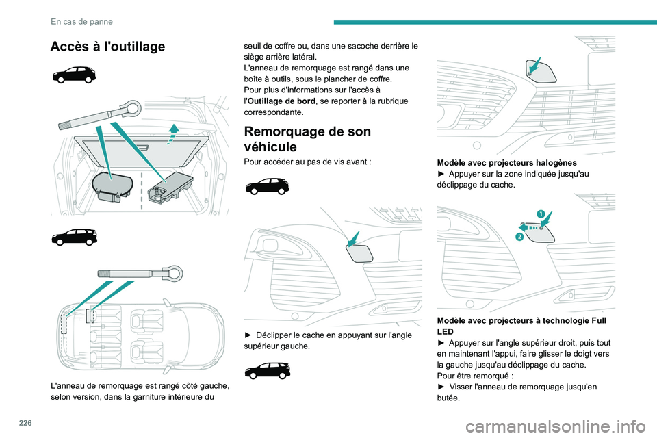 PEUGEOT 3008 2020  Manuel du propriétaire (in French) 226
En cas de panne
Accès à l'outillage 
 
 
 
 
 
 
 
L'anneau de remorquage est rangé côté gauche, 
selon version, dans la garniture intérieure du  seuil de coffre ou, dans une sacoche