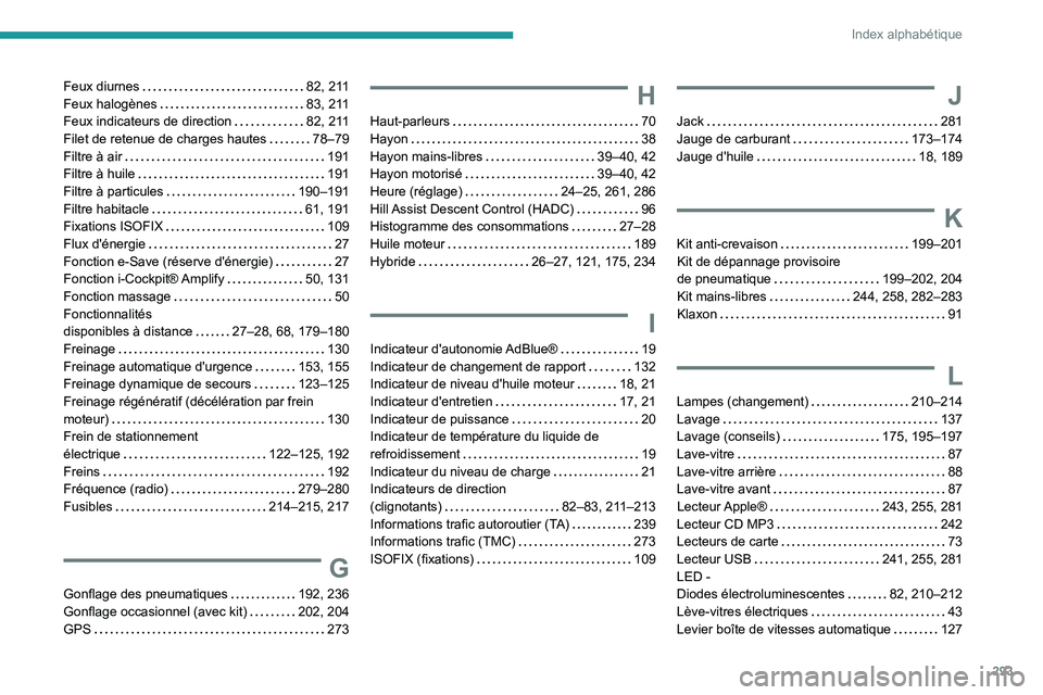 PEUGEOT 3008 2020  Manuel du propriétaire (in French) 293
Index alphabétique
Feux diurnes     82, 211
Feux halogènes     
83, 211
Feux indicateurs de direction
    
82, 211
Filet de retenue de charges hautes
    
78–79
Filtre à air
    
191
Filtre 