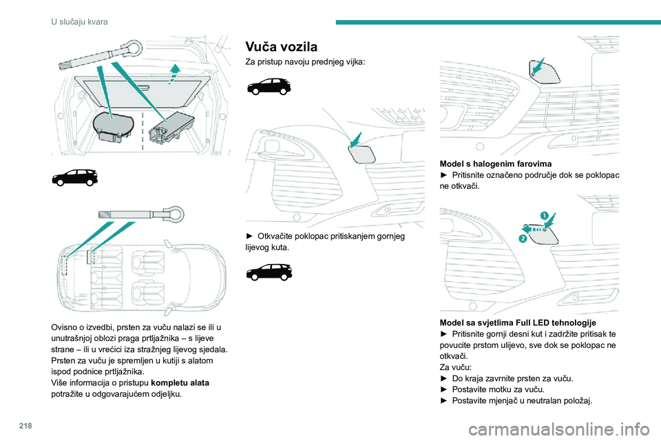 PEUGEOT 3008 2020 Upute Za Rukovanje (in Croatian) 218
U slučaju kvara
Ovisno o izvedbi, prsten za vuču nalazi se ili u
unutrašnjoj oblozi praga prtljažnika – s lijeve
strane – ili u vrećici iza stražnjeg lijevog sjedala.
Prsten z PEUGEOT 3008 2020 Upute Za Rukovanje (in Croatian) 218
U slučaju kvara
Ovisno o izvedbi, prsten za vuču nalazi se ili u
unutrašnjoj oblozi praga prtljažnika – s lijeve
strane – ili u vrećici iza stražnjeg lijevog sjedala.
Prsten z