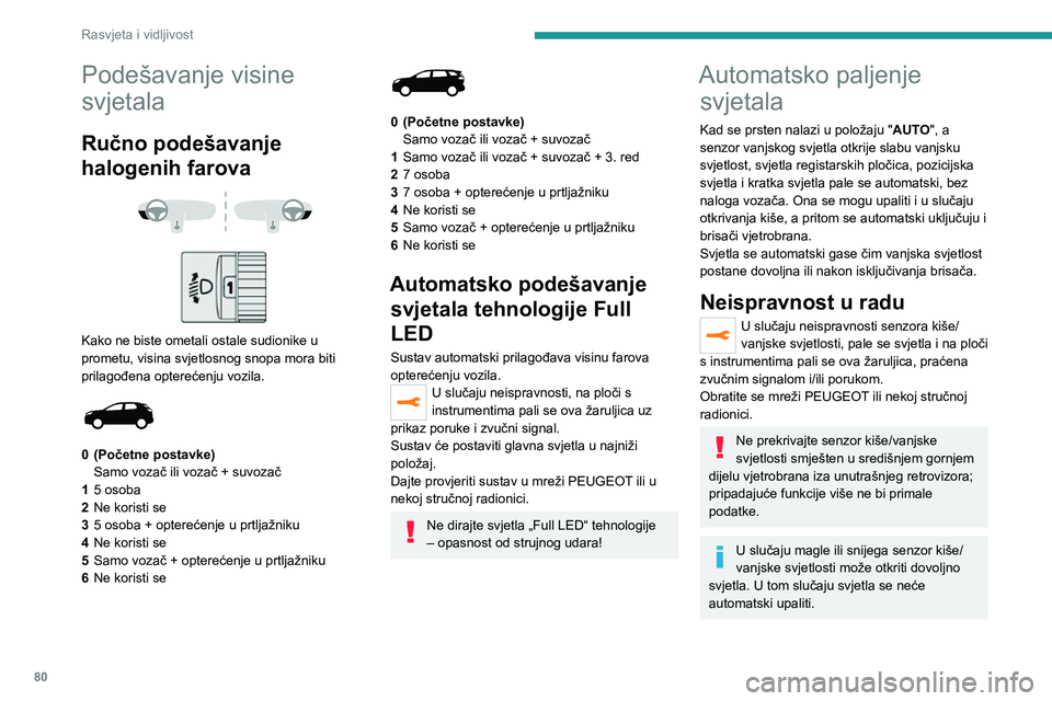 PEUGEOT 3008 2020  Upute Za Rukovanje (in Croatian) 80
Rasvjeta i vidljivost
Podešavanje visine 
svjetala
Ručno podešavanje 
halogenih farova
 
  
 
Kako ne biste ometali ostale sudionike u 
prometu, visina svjetlosnog snopa mora biti 
prilagođena 