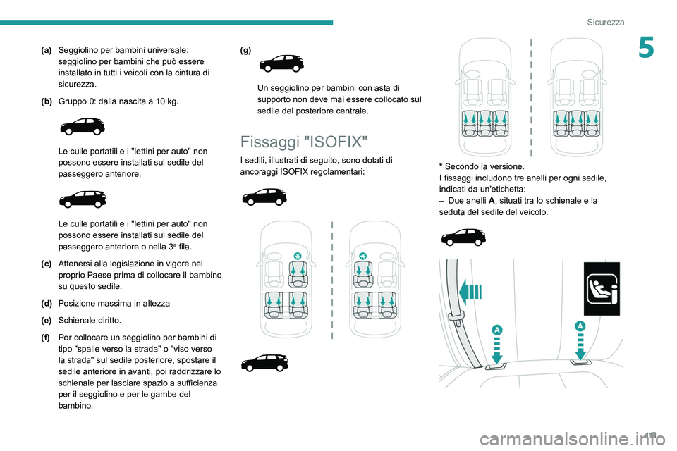 PEUGEOT 3008 2020 Manuale duso (in Italian) 111
Sicurezza
5(a)Seggiolino per bambini universale:
seggiolino per bambini che può essere
installato in tutti i veicoli con la cintura di
sicurezza.
(b) Gruppo 0: dalla nascita a 10
kg.
Le PEUGEOT 3008 2020 Manuale duso (in Italian) 111
Sicurezza
5(a)Seggiolino per bambini universale:
seggiolino per bambini che può essere
installato in tutti i veicoli con la cintura di
sicurezza.
(b) Gruppo 0: dalla nascita a 10
kg.
Le
