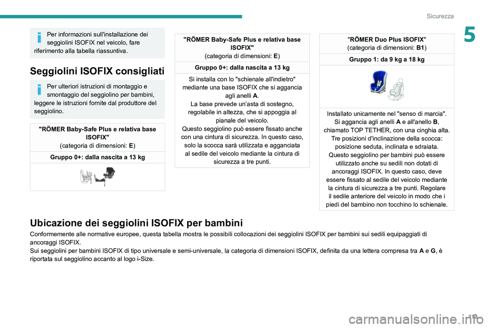 PEUGEOT 3008 2020 Manuale duso (in Italian) 11 3
Sicurezza
5Per informazioni sull'installazione dei
seggiolini ISOFIX nel veicolo, fare
riferimento alla tabella riassuntiva.
Seggiolini ISOFIX consigliati
Per ulteriori istruzioni di montag PEUGEOT 3008 2020 Manuale duso (in Italian) 11 3
Sicurezza
5Per informazioni sull'installazione dei
seggiolini ISOFIX nel veicolo, fare
riferimento alla tabella riassuntiva.
Seggiolini ISOFIX consigliati
Per ulteriori istruzioni di montag