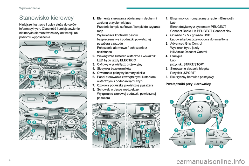PEUGEOT 3008 2020 Instrukcja obsługi (in Polish) 4
Wprowadzenie
Stanowisko kierowcy
Niniejsze ilustracje i opisy służą do celów
informacyjnych. Obecność i umiejscowienie
niektórych elementów zależy od wersji lub
poziomu wyposażenia.
PEUGEOT 3008 2020 Instrukcja obsługi (in Polish) 4
Wprowadzenie
Stanowisko kierowcy
Niniejsze ilustracje i opisy służą do celów
informacyjnych. Obecność i umiejscowienie
niektórych elementów zależy od wersji lub
poziomu wyposażenia.