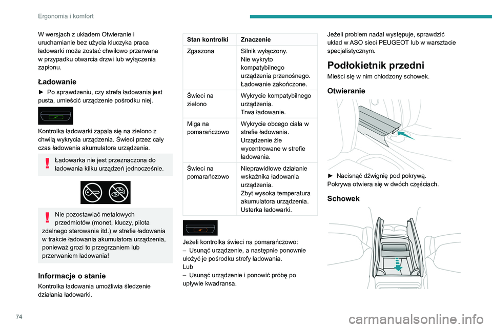 PEUGEOT 3008 2020 Instrukcja obsługi (in Polish) 74
Ergonomia i komfort
W wersjach z układem Otwieranie i
uruchamianie bez użycia kluczyka praca
ładowarki może zostać chwilowo przerwana
w przypadku otwarcia drzwi lub wyłączenia
zapłonu.
PEUGEOT 3008 2020 Instrukcja obsługi (in Polish) 74
Ergonomia i komfort
W wersjach z układem Otwieranie i
uruchamianie bez użycia kluczyka praca
ładowarki może zostać chwilowo przerwana
w przypadku otwarcia drzwi lub wyłączenia
zapłonu.