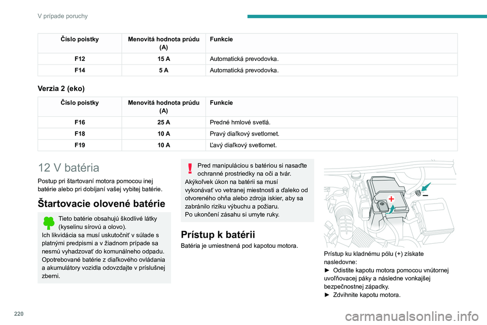 PEUGEOT 3008 2020 Návod na použitie (in Slovakian) 220
V prípade poruchy
(+) Kladný pól.
Je vybavený rýchloupínacou svorkou.
(-) Záporný pól.
Keďže záporný pól batérie nie je prístupný, bod
ukostrenia je posunutý a osadený v blízk PEUGEOT 3008 2020 Návod na použitie (in Slovakian) 220
V prípade poruchy
(+) Kladný pól.
Je vybavený rýchloupínacou svorkou.
(-) Záporný pól.
Keďže záporný pól batérie nie je prístupný, bod
ukostrenia je posunutý a osadený v blízk