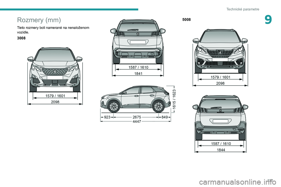 PEUGEOT 3008 2020  Návod na použitie (in Slovakian) 237
Technické parametre
9Rozmery (mm)
Tieto rozmery boli namerané na nenaloženom vozidle.
3008 
 
 
 
5008 
 
   