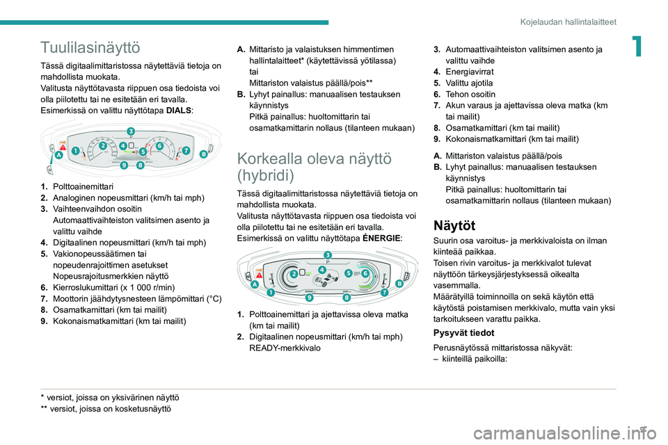 PEUGEOT 3008 2020  Omistajan Käsikirja (in Finnish) 9
Kojelaudan hallintalaitteet
1Tuulilasinäyttö
Tässä digitaalimittaristossa näytettäviä tietoja on 
mahdollista muokata.
Valitusta näyttötavasta riippuen osa tiedoista voi 
olla piilotettu ta