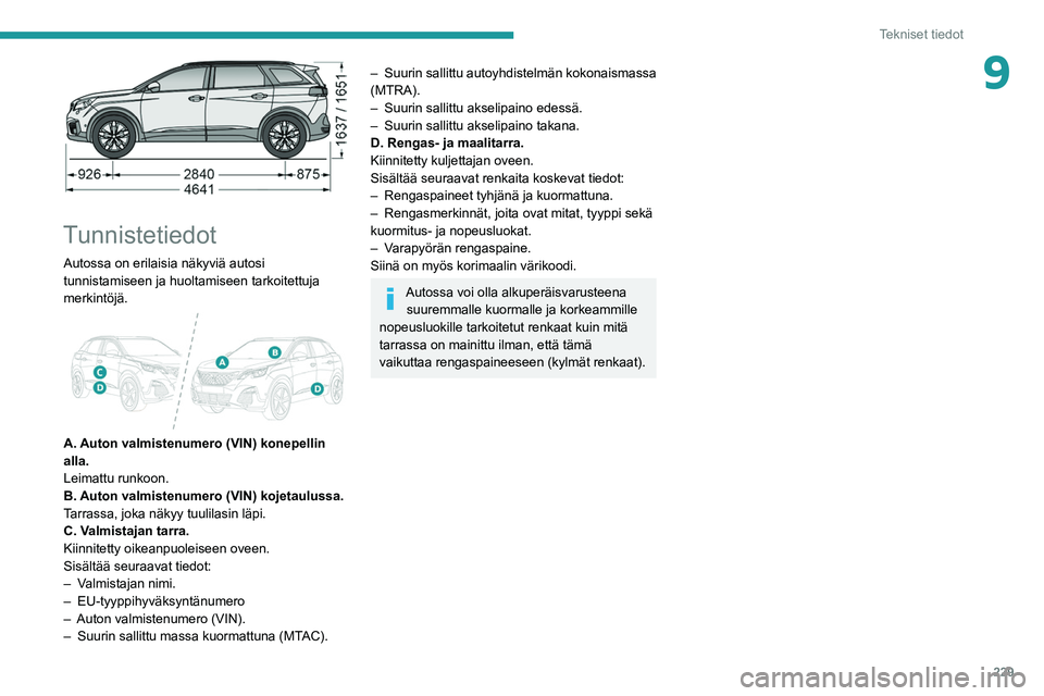 PEUGEOT 3008 2020 Omistajan Käsikirja (in Finnish) 229
Tekniset tiedot
9
Tunnistetiedot
Autossa on erilaisia näkyviä autosi
tunnistamiseen ja huoltamiseen tarkoitettuja
merkintöjä.
A. Auton valmistenumero (VIN) konepellin
alla.
Leimattu r PEUGEOT 3008 2020 Omistajan Käsikirja (in Finnish) 229
Tekniset tiedot
9
Tunnistetiedot
Autossa on erilaisia näkyviä autosi
tunnistamiseen ja huoltamiseen tarkoitettuja
merkintöjä.
A. Auton valmistenumero (VIN) konepellin
alla.
Leimattu r