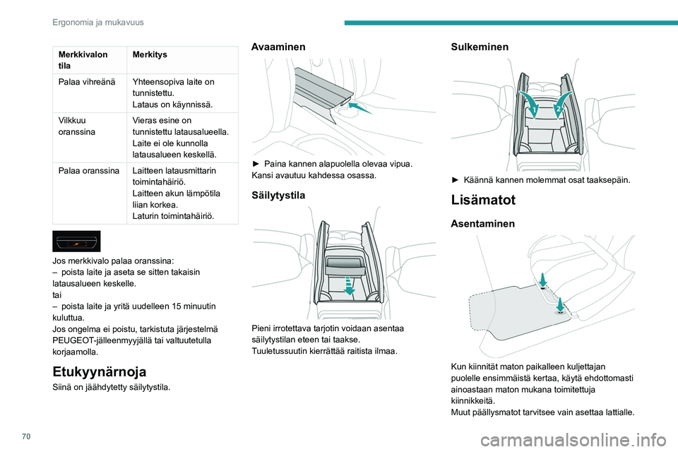 PEUGEOT 3008 2020 Omistajan Käsikirja (in Finnish) 70
Ergonomia ja mukavuus
Irrottaminen / asentaminen
► Kuljettajan puolen maton irrottamiseksi siirrä
istuinta taaksepäin ja irrota kiinnikkeet.
► Aseta matto takaisin paik PEUGEOT 3008 2020 Omistajan Käsikirja (in Finnish) 70
Ergonomia ja mukavuus
Irrottaminen / asentaminen
► Kuljettajan puolen maton irrottamiseksi siirrä
istuinta taaksepäin ja irrota kiinnikkeet.
► Aseta matto takaisin paik