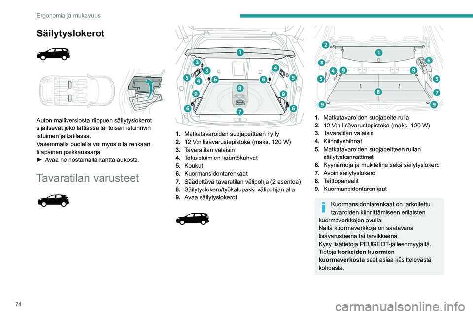 PEUGEOT 3008 2020 Omistajan Käsikirja (in Finnish) 74
Ergonomia ja mukavuus
Matkatavaroiden
suojapeitteen hylly
Se koostuu kahdesta osasta:
– kiinteä osa, jossa on avoin säilytystila.
– siirrettävä osa, joka nousee, kun tavaratila
PEUGEOT 3008 2020 Omistajan Käsikirja (in Finnish) 74
Ergonomia ja mukavuus
Matkatavaroiden
suojapeitteen hylly
Se koostuu kahdesta osasta:
– kiinteä osa, jossa on avoin säilytystila.
– siirrettävä osa, joka nousee, kun tavaratila
