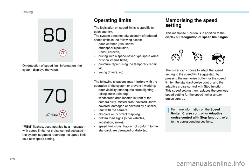PEUGEOT 3008 2018 Owners Manual 174
On detection of speed limit information, the
system displays the value.
"MEM " flashes, accompanied by a message
–
with speed limiter or cruise control activated
–
the system su PEUGEOT 3008 2018 Owners Manual 174
On detection of speed limit information, the
system displays the value.
"MEM " flashes, accompanied by a message
–
with speed limiter or cruise control activated
–
the system su