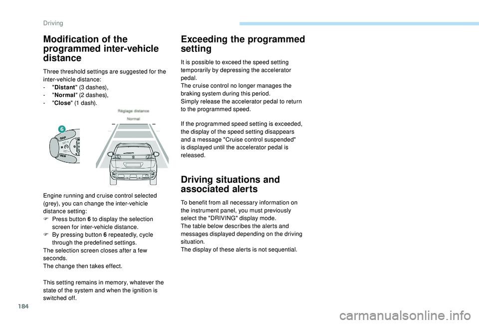 PEUGEOT 3008 2018 Owners Manual 184
This setting remains in memory, whatever the
state of the system and when the ignition is
switched off.
Exceeding the programmed
setting
It is possible to exceed the speed setting
temporarily PEUGEOT 3008 2018 Owners Manual 184
This setting remains in memory, whatever the
state of the system and when the ignition is
switched off.
Exceeding the programmed
setting
It is possible to exceed the speed setting
temporarily