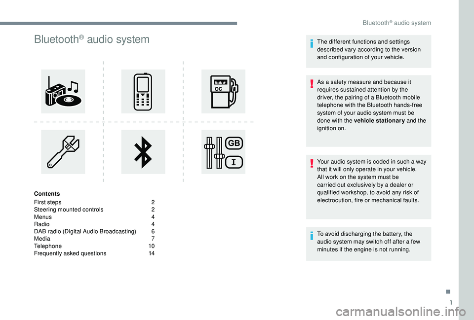 PEUGEOT 3008 2018  Owners Manual 1
Bluetooth® audio system
Contents
First steps  
2
S

teering mounted controls   
2
M

enus   
4
R

adio   
4
D

AB radio (Digital Audio Broadcasting)   
6
M

edia   
7
T

elephone   
1
 0
Frequently