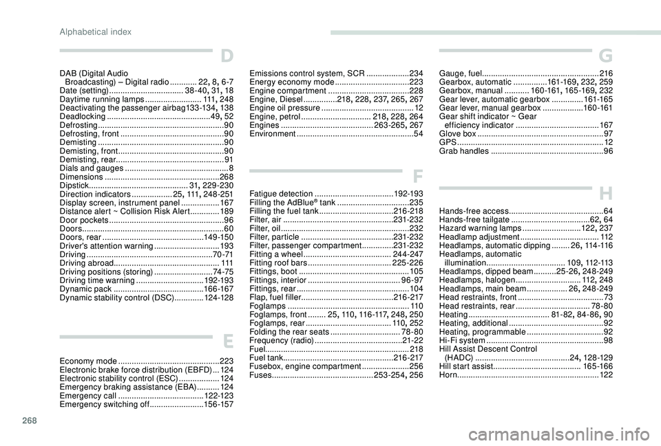 PEUGEOT 3008 2018 Owners Manual 268
D
DAB (Digital Audio Broadcasting) – Digital radio ............22, 8, 6 -7
Date (setting)
................................. 38-40, 31, 18
Daytime running lamps
.........................1 PEUGEOT 3008 2018 Owners Manual 268
D
DAB (Digital Audio Broadcasting) – Digital radio ............22, 8, 6 -7
Date (setting)
................................. 38-40, 31, 18
Daytime running lamps
.........................1