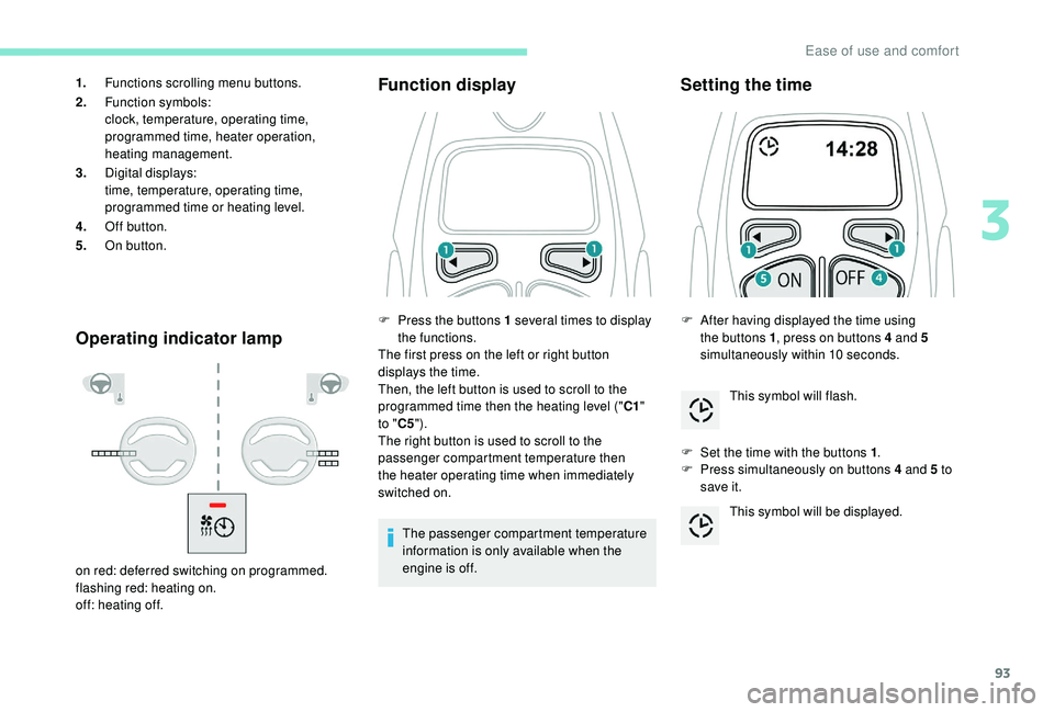 PEUGEOT 3008 2018  Owners Manual 93
Operating indicator lampFunction display
The passenger compartment temperature 
information is only available when the 
engine is off.
Setting the time
F Set the time with the buttons 1
.
F  P ress