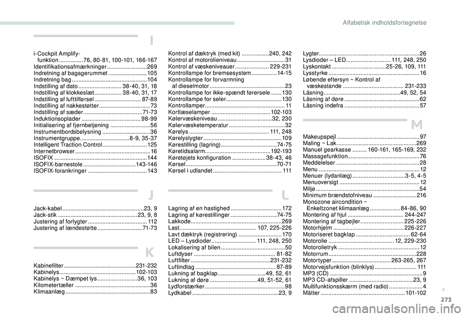 PEUGEOT 3008 2018 Brugsanvisning (in Danish) 273
Lyg te r ............................................................... 26
Lysdioder – LED ............................ 111, 2 4 8 , 2 5 0
Ly s ko nt a k t
.............................. PEUGEOT 3008 2018 Brugsanvisning (in Danish) 273
Lyg te r ............................................................... 26
Lysdioder – LED ............................ 111, 2 4 8 , 2 5 0
Ly s ko nt a k t
..............................