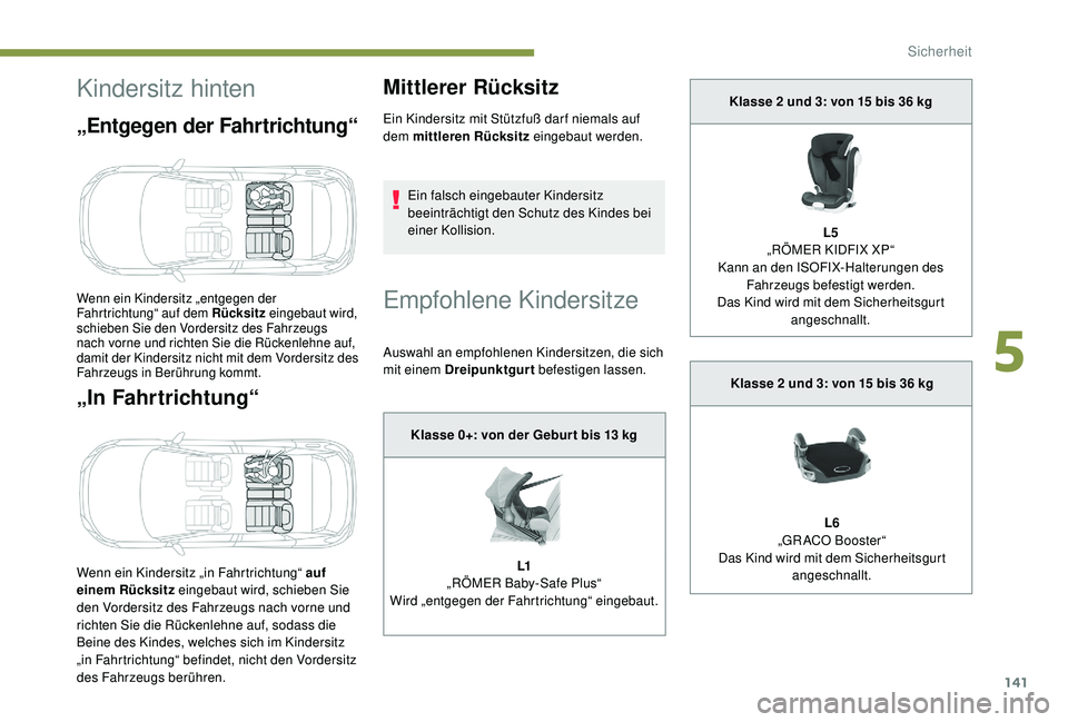 PEUGEOT 3008 2018 Betriebsanleitungen (in German) 141
Kindersitz hinten
„Entgegen der Fahrtrichtung“
„In Fahrtrichtung“
Wenn ein Kindersitz „in Fahrtrichtung“ auf
einem Rücksitz eingebaut wird, schieben Sie
den Vordersitz des Fahrzeugs PEUGEOT 3008 2018 Betriebsanleitungen (in German) 141
Kindersitz hinten
„Entgegen der Fahrtrichtung“
„In Fahrtrichtung“
Wenn ein Kindersitz „in Fahrtrichtung“ auf
einem Rücksitz eingebaut wird, schieben Sie
den Vordersitz des Fahrzeugs