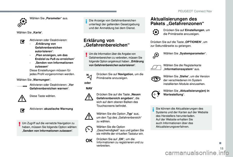 PEUGEOT 3008 2018  Betriebsanleitungen (in German) 15
Wählen Sie „Parameter“ aus.
Wählen Sie „ Karte“.
Aktivieren oder Deaktivieren:
-
  „Erklärung von 
Gefahrenbereichen 
autorisieren “.
-
  „Plan anzeigen, um das 
Endziel zu Fuß zu