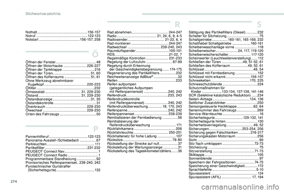 PEUGEOT 3008 2018 Betriebsanleitungen (in German) 274
Nothalt .................................................... 15 6 -157
Notruf ..................................................... 12 2-123
Notstart
...............
........................... PEUGEOT 3008 2018 Betriebsanleitungen (in German) 274
Nothalt .................................................... 15 6 -157
Notruf ..................................................... 12 2-123
Notstart
...............
...........................