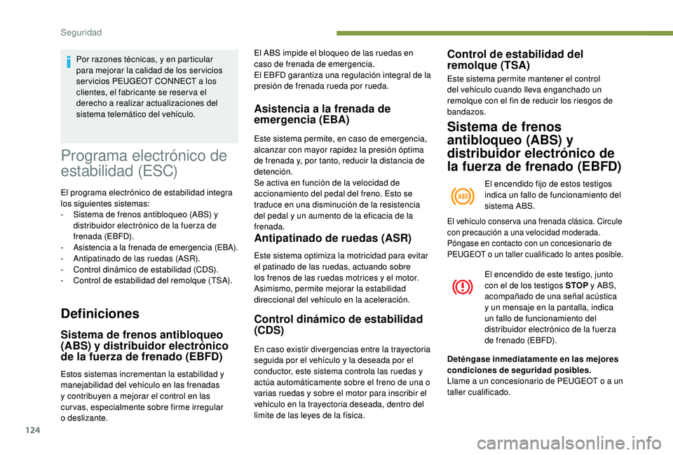 PEUGEOT 3008 2018 Manual del propietario (in Spanish) 124
Programa electrónico de
estabilidad (ESC)
El programa electrónico de estabilidad integra
los siguientes sistemas:
-
S
istema de frenos antibloqueo (ABS) y
distribuidor electrónico de la fu PEUGEOT 3008 2018 Manual del propietario (in Spanish) 124
Programa electrónico de
estabilidad (ESC)
El programa electrónico de estabilidad integra
los siguientes sistemas:
-
S
istema de frenos antibloqueo (ABS) y
distribuidor electrónico de la fu