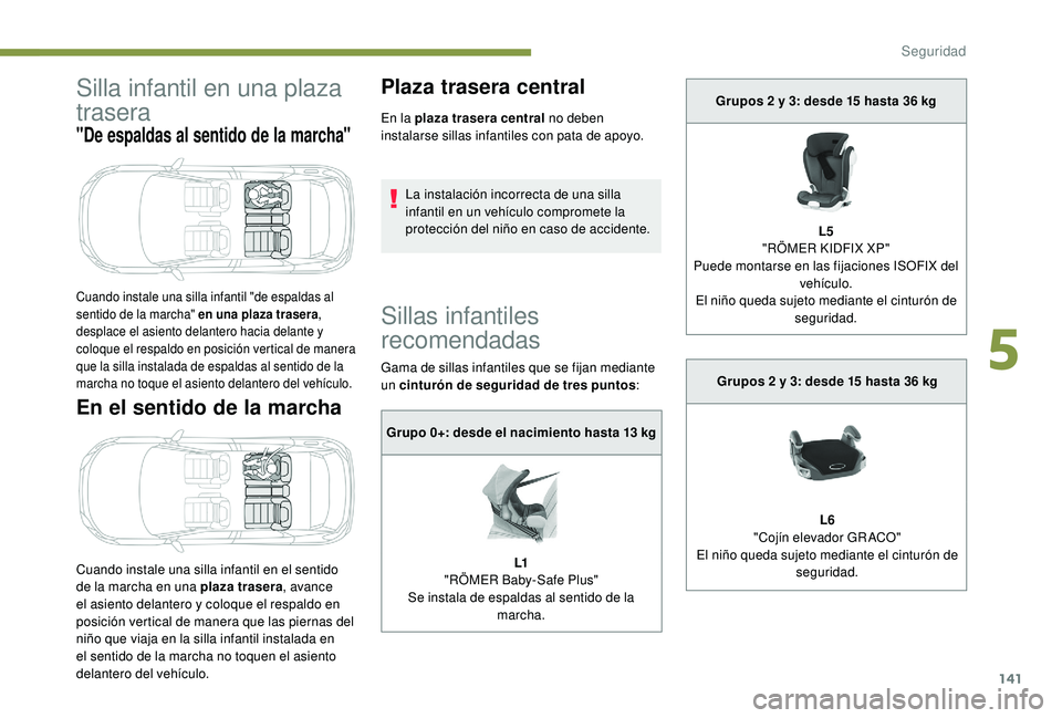 PEUGEOT 3008 2018 Manual del propietario (in Spanish) 141
Silla infantil en una plaza
trasera
"De espaldas al sentido de la marcha"
En el sentido de la marcha
Cuando instale una silla infantil en el sentido
de la marcha en una plaza trasera, av PEUGEOT 3008 2018 Manual del propietario (in Spanish) 141
Silla infantil en una plaza
trasera
"De espaldas al sentido de la marcha"
En el sentido de la marcha
Cuando instale una silla infantil en el sentido
de la marcha en una plaza trasera, av