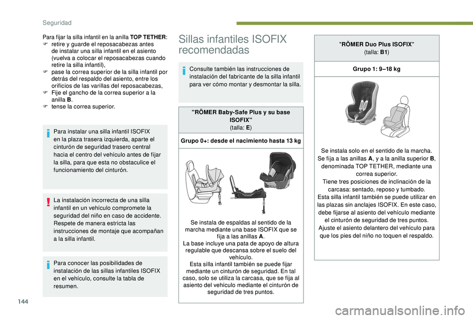 PEUGEOT 3008 2018 Manual del propietario (in Spanish) 144
Para fijar la silla infantil en la anilla TOP TETHER:F retire y guarde el reposacabezas antes
de instalar una silla infantil en el asiento
(vuelva a colocar el reposacabezas cuando
retire la si PEUGEOT 3008 2018 Manual del propietario (in Spanish) 144
Para fijar la silla infantil en la anilla TOP TETHER:F retire y guarde el reposacabezas antes
de instalar una silla infantil en el asiento
(vuelva a colocar el reposacabezas cuando
retire la si
