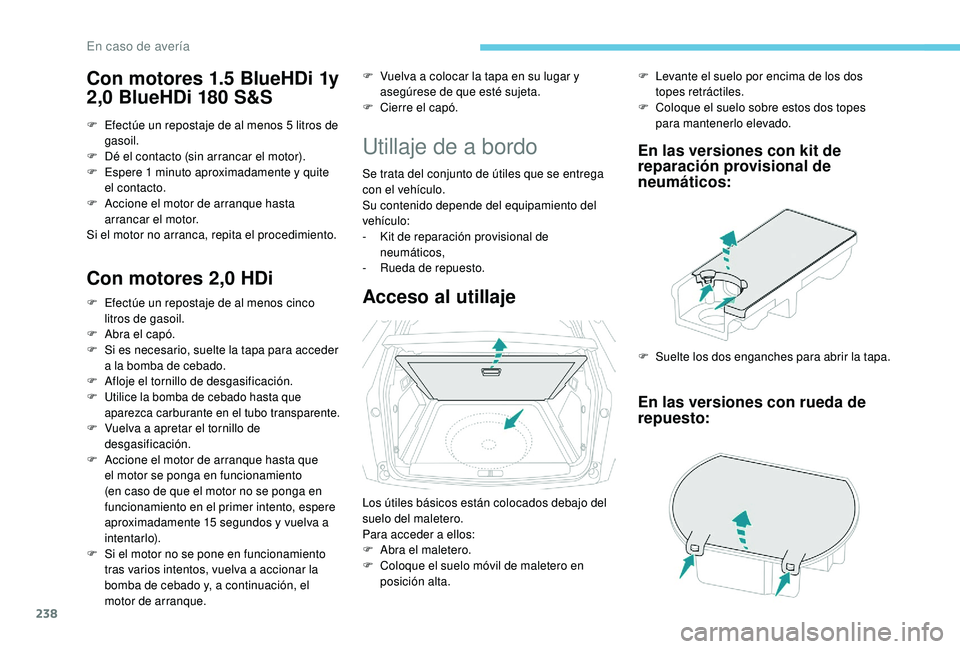 PEUGEOT 3008 2018 Manual del propietario (in Spanish) 238
Con motores 1.5 BlueHDi 1y
2,0 BlueHDi 180 S&S
F Efectúe un repostaje de al menos 5 litros de gasoil.
F
D
é el contacto (sin arrancar el motor).
F
E
spere 1 minuto aproximadamente y quite PEUGEOT 3008 2018 Manual del propietario (in Spanish) 238
Con motores 1.5 BlueHDi 1y
2,0 BlueHDi 180 S&S
F Efectúe un repostaje de al menos 5 litros de gasoil.
F
D
é el contacto (sin arrancar el motor).
F
E
spere 1 minuto aproximadamente y quite