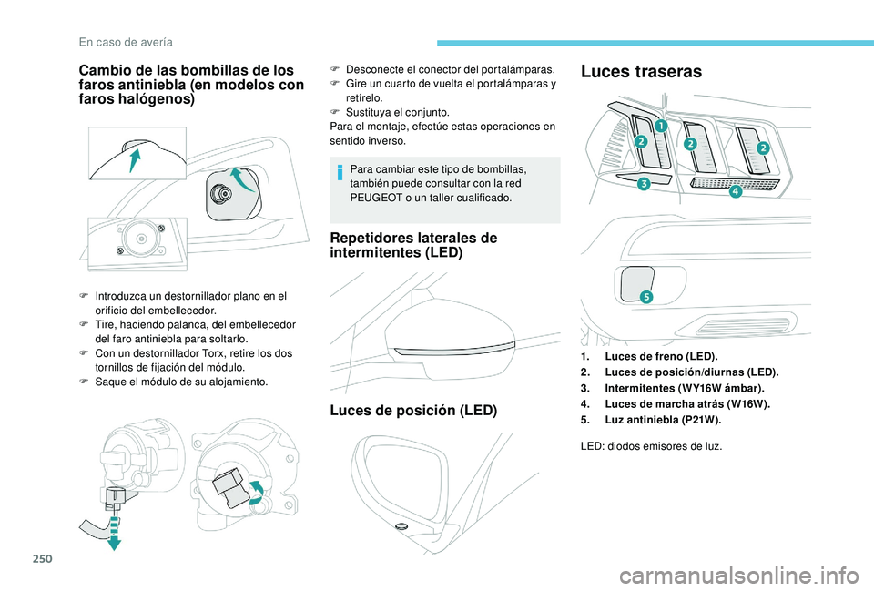 PEUGEOT 3008 2018  Manual del propietario (in Spanish) 250
Para cambiar este tipo de bombillas, 
también puede consultar con la red 
PEUGEOT o un taller cualificado.
Repetidores laterales de 
intermitentes (LED)
Luces de posición (LED)
Luces traseras
1.