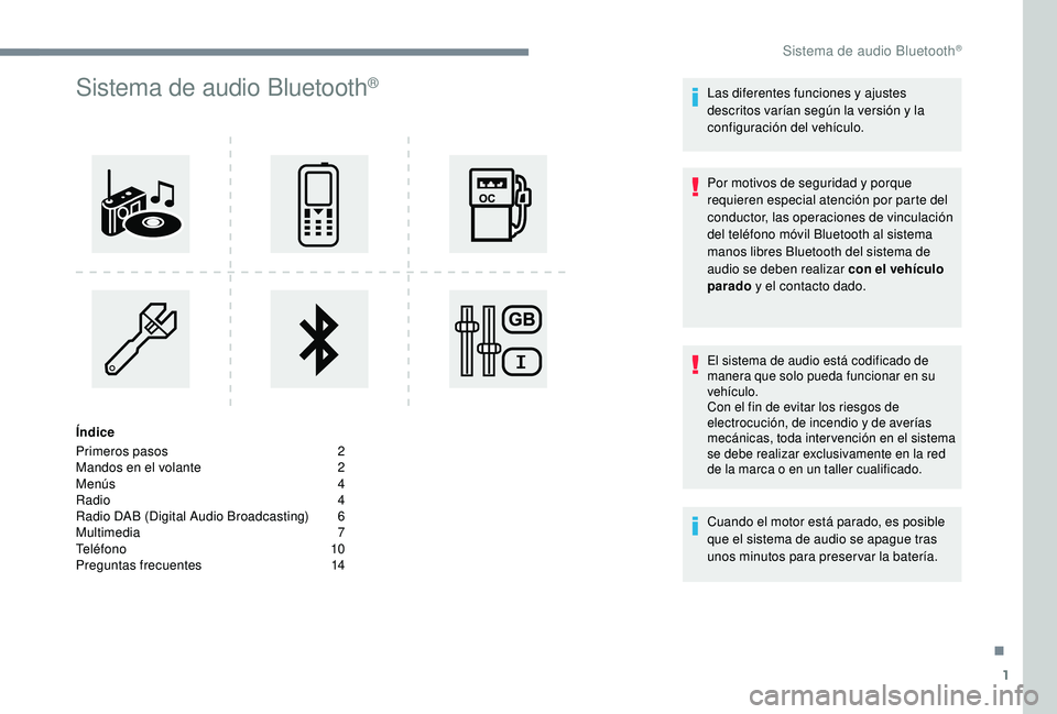 PEUGEOT 3008 2018  Manual del propietario (in Spanish) 1
Sistema de audio Bluetooth®
Índice
Primeros pasos  
2
M

andos en el volante   
2
M

enús   
4
R

adio   
4
R

adio DAB (Digital Audio Broadcasting)   
6
M

ultimedia   
7
T

eléfono   
1
 0
Pre