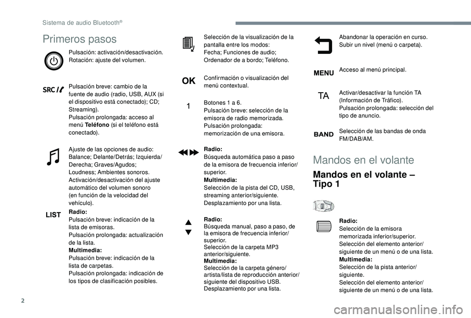 PEUGEOT 3008 2018  Manual del propietario (in Spanish) 2
Primeros pasos
Pulsación: activación/desactivación.
Rotación: ajuste del volumen.
Pulsación breve: cambio de la 
fuente de audio (radio, USB, AUX (si 
el dispositivo está conectado); CD; 
Stre