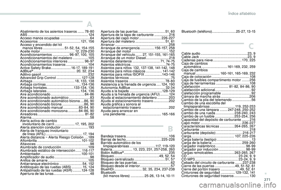 PEUGEOT 3008 2018  Manual del propietario (in Spanish) 271
A
Abatimiento de los asientos traseros .......78 - 80
ABS ........ ....................................................... 124
Acceso manos ocupadas
 

...............................64
Accesorios