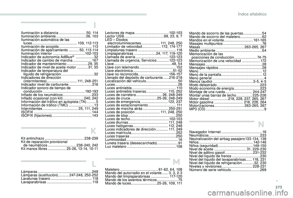 PEUGEOT 3008 2018 Manual del propietario (in Spanish) 273
Mando de socorro de las puertas ...................54
M ando de socorro del maletero ......................62
Mandos en el volante
.............................161-165
Masajes multipuntos
... PEUGEOT 3008 2018 Manual del propietario (in Spanish) 273
Mando de socorro de las puertas ...................54
M ando de socorro del maletero ......................62
Mandos en el volante
.............................161-165
Masajes multipuntos
...