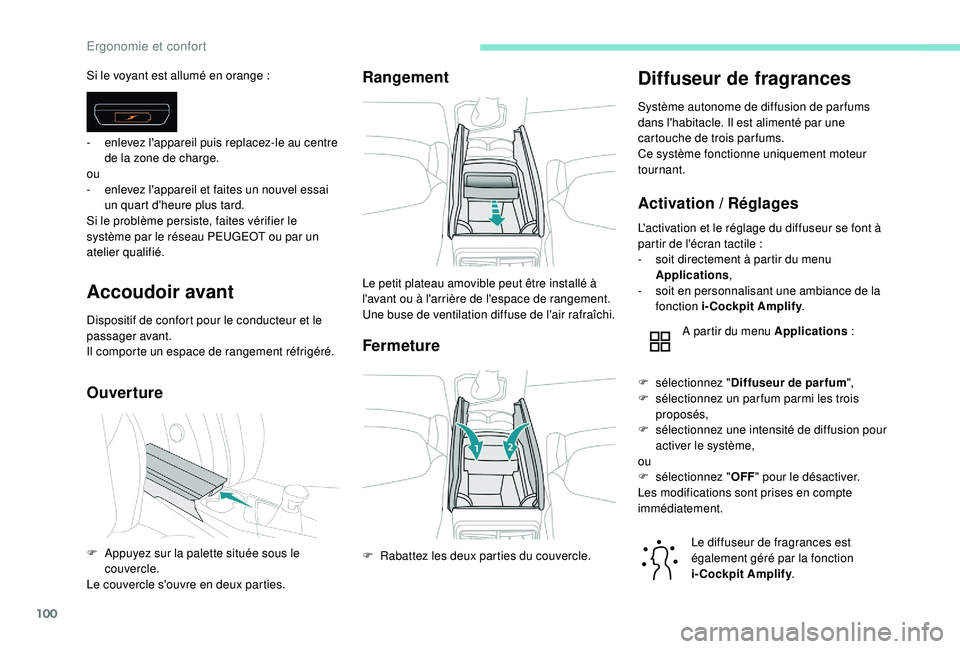 PEUGEOT 3008 2018 Manuel du propriétaire (in French) 100
Accoudoir avant
Dispositif de confort pour le conducteur et le
passager avant.
Il comporte un espace de rangement réfrigéré.
OuvertureRangement
Fermeture
Diffuseur de fragrances
Système auton PEUGEOT 3008 2018 Manuel du propriétaire (in French) 100
Accoudoir avant
Dispositif de confort pour le conducteur et le
passager avant.
Il comporte un espace de rangement réfrigéré.
OuvertureRangement
Fermeture
Diffuseur de fragrances
Système auton