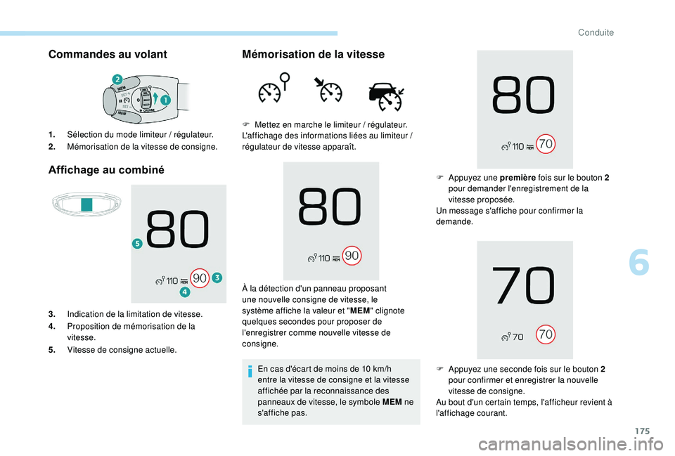 PEUGEOT 3008 2018 Manuel du propriétaire (in French) 175
Commandes au volant
Affichage au combiné
1. Sélection du mode limiteur / régulateur.
2. Mémorisation de la vitesse de consigne.
3. Indication de la limitation de vitesse.
4. Proposition de m PEUGEOT 3008 2018 Manuel du propriétaire (in French) 175
Commandes au volant
Affichage au combiné
1. Sélection du mode limiteur / régulateur.
2. Mémorisation de la vitesse de consigne.
3. Indication de la limitation de vitesse.
4. Proposition de m