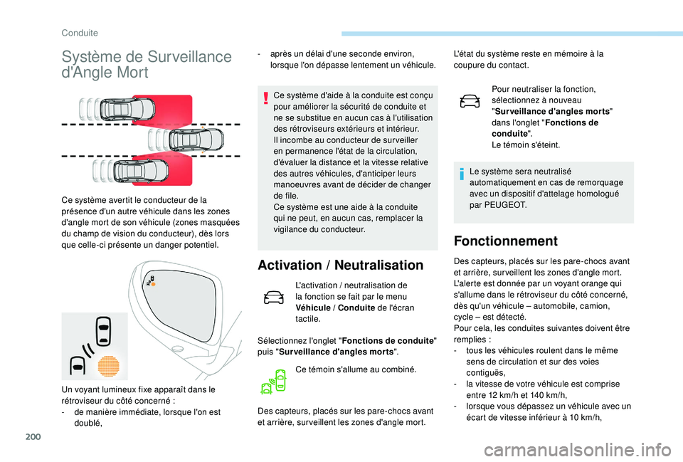 PEUGEOT 3008 2018 Manuel du propriétaire (in French) 200
Système de Surveillance
d'Angle Mort
Ce système avertit le conducteur de la
présence d'un autre véhicule dans les zones
d'angle mort de son véhicule (zones masquées
du champ PEUGEOT 3008 2018 Manuel du propriétaire (in French) 200
Système de Surveillance
d'Angle Mort
Ce système avertit le conducteur de la
présence d'un autre véhicule dans les zones
d'angle mort de son véhicule (zones masquées
du champ