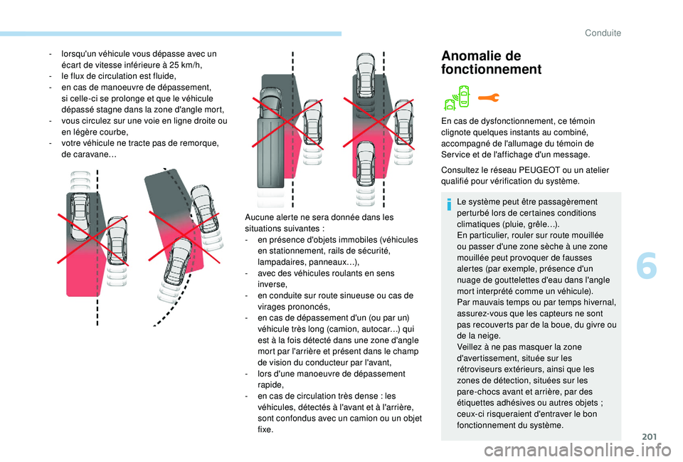 PEUGEOT 3008 2018 Manuel du propriétaire (in French) 201
Aucune alerte ne sera donnée dans les
situations suivantes :
-
e
n présence d'objets immobiles (véhicules
en stationnement, rails de sécurité,
lampadaires, panneaux…),
-
a
vec PEUGEOT 3008 2018 Manuel du propriétaire (in French) 201
Aucune alerte ne sera donnée dans les
situations suivantes :
-
e
n présence d'objets immobiles (véhicules
en stationnement, rails de sécurité,
lampadaires, panneaux…),
-
a
vec