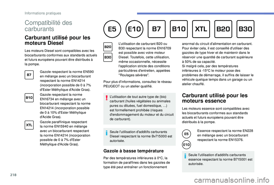 PEUGEOT 3008 2018 Manuel du propriétaire (in French) 218
Compatibilité des
carburants
Carburant utilisé pour les
moteurs Diesel
Les moteurs Diesel sont compatibles avec les
biocarburants conformes aux standards actuels
et futurs européens p PEUGEOT 3008 2018 Manuel du propriétaire (in French) 218
Compatibilité des
carburants
Carburant utilisé pour les
moteurs Diesel
Les moteurs Diesel sont compatibles avec les
biocarburants conformes aux standards actuels
et futurs européens p