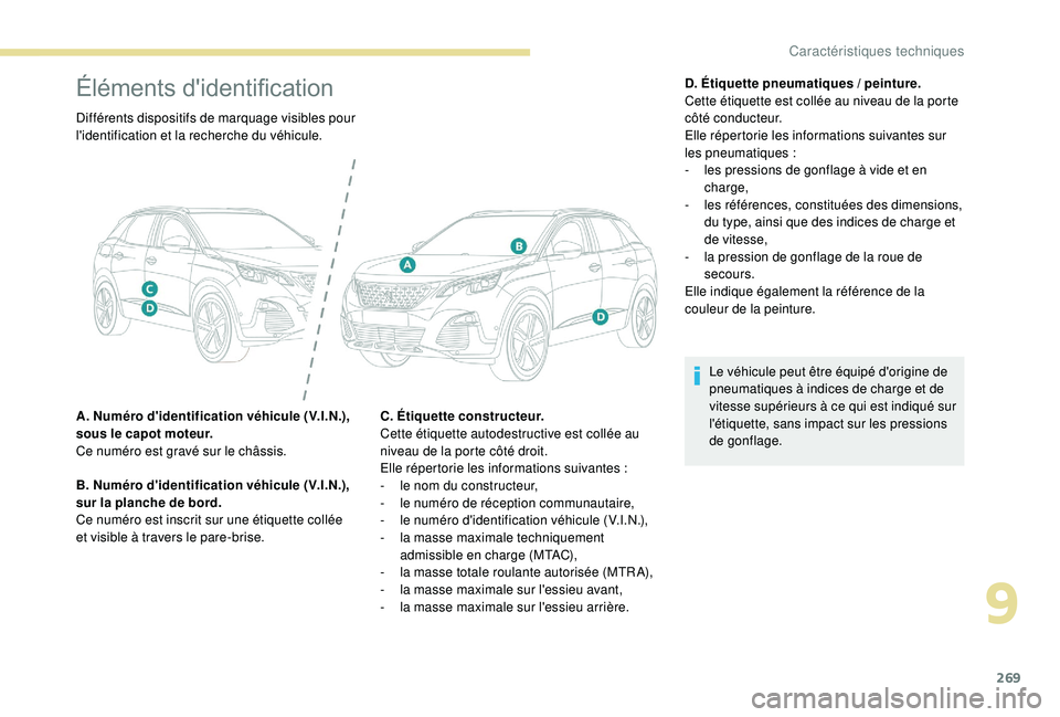 PEUGEOT 3008 2018 Manuel du propriétaire (in French) 269
Éléments d'identification
Différents dispositifs de marquage visibles pour
l'identification et la recherche du véhicule.
A. Numéro d'identification véhicule (V.I.N.),
sous le c PEUGEOT 3008 2018 Manuel du propriétaire (in French) 269
Éléments d'identification
Différents dispositifs de marquage visibles pour
l'identification et la recherche du véhicule.
A. Numéro d'identification véhicule (V.I.N.),
sous le c