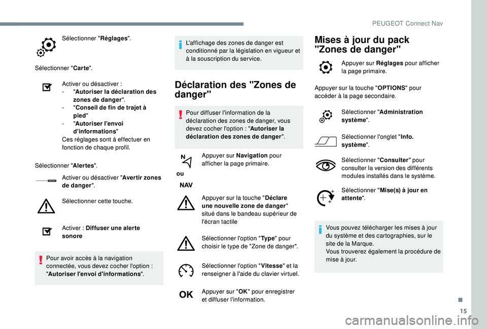 PEUGEOT 3008 2018 Manuel du propriétaire (in French) 15
Sélectionner "Réglages".
Sélectionner " Carte".
Activer ou désactiver
:
-
"Autoriser la déclaration des
zones de danger ".
-
"Conseil de fin de trajet à
p PEUGEOT 3008 2018 Manuel du propriétaire (in French) 15
Sélectionner "Réglages".
Sélectionner " Carte".
Activer ou désactiver
:
-
"Autoriser la déclaration des
zones de danger ".
-
"Conseil de fin de trajet à
p