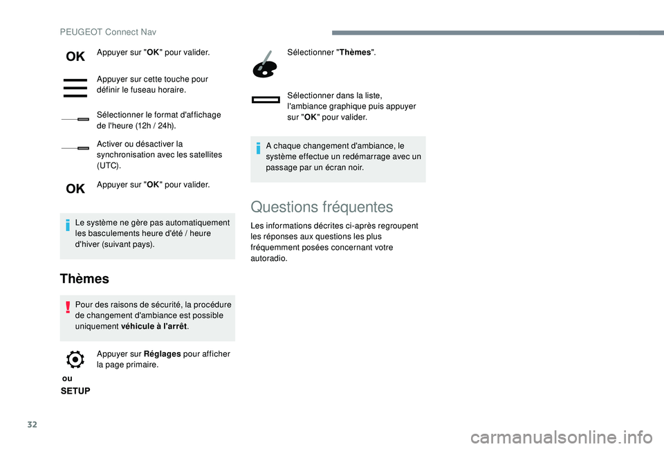 PEUGEOT 3008 2018  Manuel du propriétaire (in French) 32
Appuyer sur "OK" pour valider.
Appuyer sur cette touche pour 
définir le fuseau horaire.
Sélectionner le format d'affichage 
de l'heure (12h
  / 24h).
Activer ou désactiver la 
s