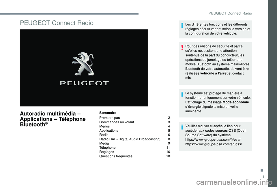 PEUGEOT 3008 2018 Manuel du propriétaire (in French) 1
PEUGEOT Connect Radio
Autoradio multimédia –
A pplications – Téléphone
Bluetooth
®
Sommaire
Premiers pas
2
C
ommandes au volant
3
M
enus
4
A
pplications
5
R
adio
6
R
PEUGEOT 3008 2018 Manuel du propriétaire (in French) 1
PEUGEOT Connect Radio
Autoradio multimédia –
A pplications – Téléphone
Bluetooth
®
Sommaire
Premiers pas
2
C
ommandes au volant
3
M
enus
4
A
pplications
5
R
adio
6
R